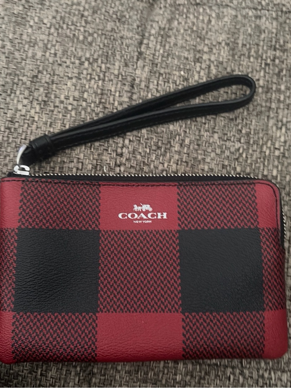 Small Coach Red and Black Plaid Leather Wristlet Wallet